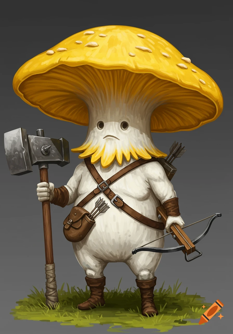 A portly mushroom character with a yellow cap, holding a war hammer and a crossbow, stands on grass.