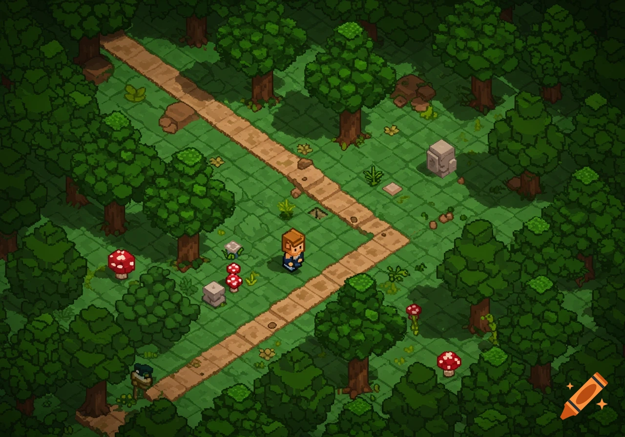 An isometric pixel art forest scene with a character on a dirt path, surrounded by trees, red mushrooms, and stone structures.