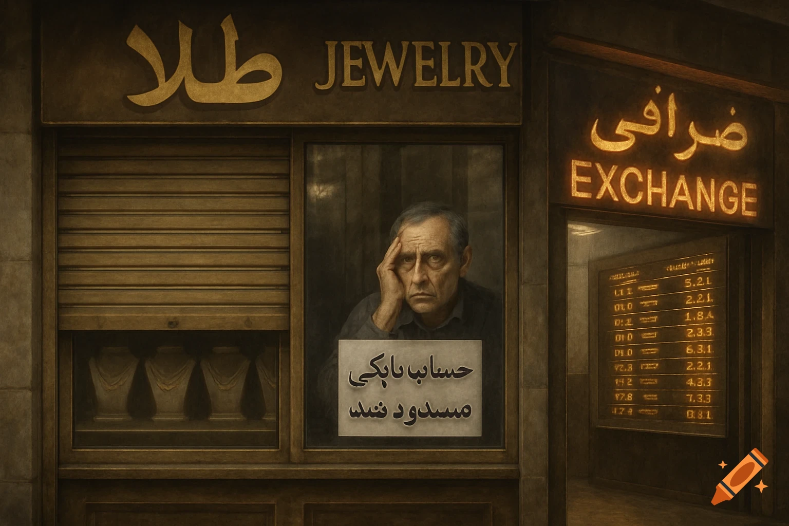 A man looking sad with his hand on his face inside a jewelry store with closed shutters. Next to it is a money exchange shop. Signs above read 'JEWELRY' and 'EXCHANGE' in English and Arabic. A sign in the window says 'Bank account closed'.