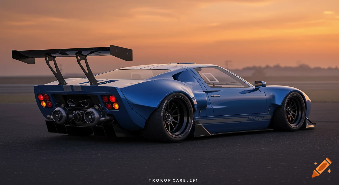 A stylized blue sports car with a wide body kit, large rear wing, and exposed twin turbos, parked on an asphalt surface at sunset.