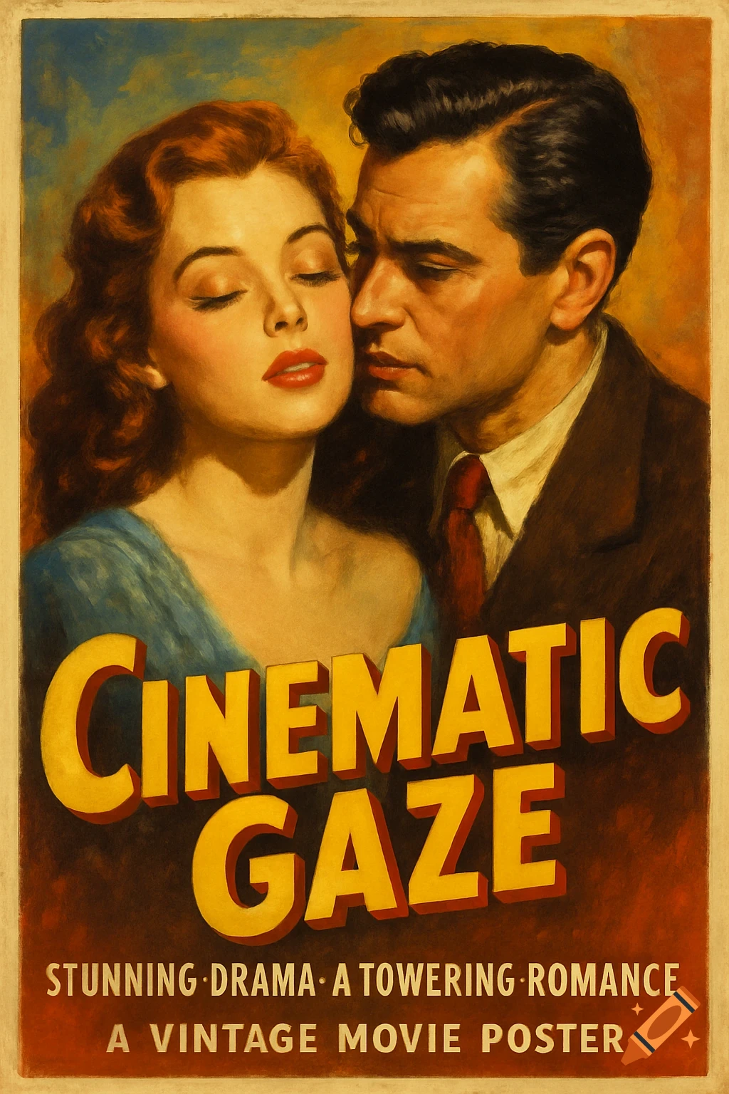 Vintage style movie poster depicting a man and woman in an embrace, with text 'CINEMATIC GAZE' and 'STUNNING DRAMA A TOWERING ROMANCE'.
