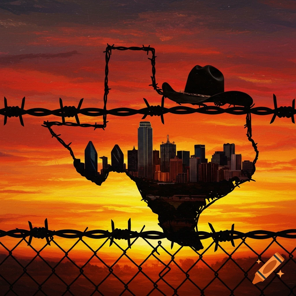 Silhouette of Texas outline made of barbed wire with Dallas skyline inside and a cowboy hat on top against a sunset.