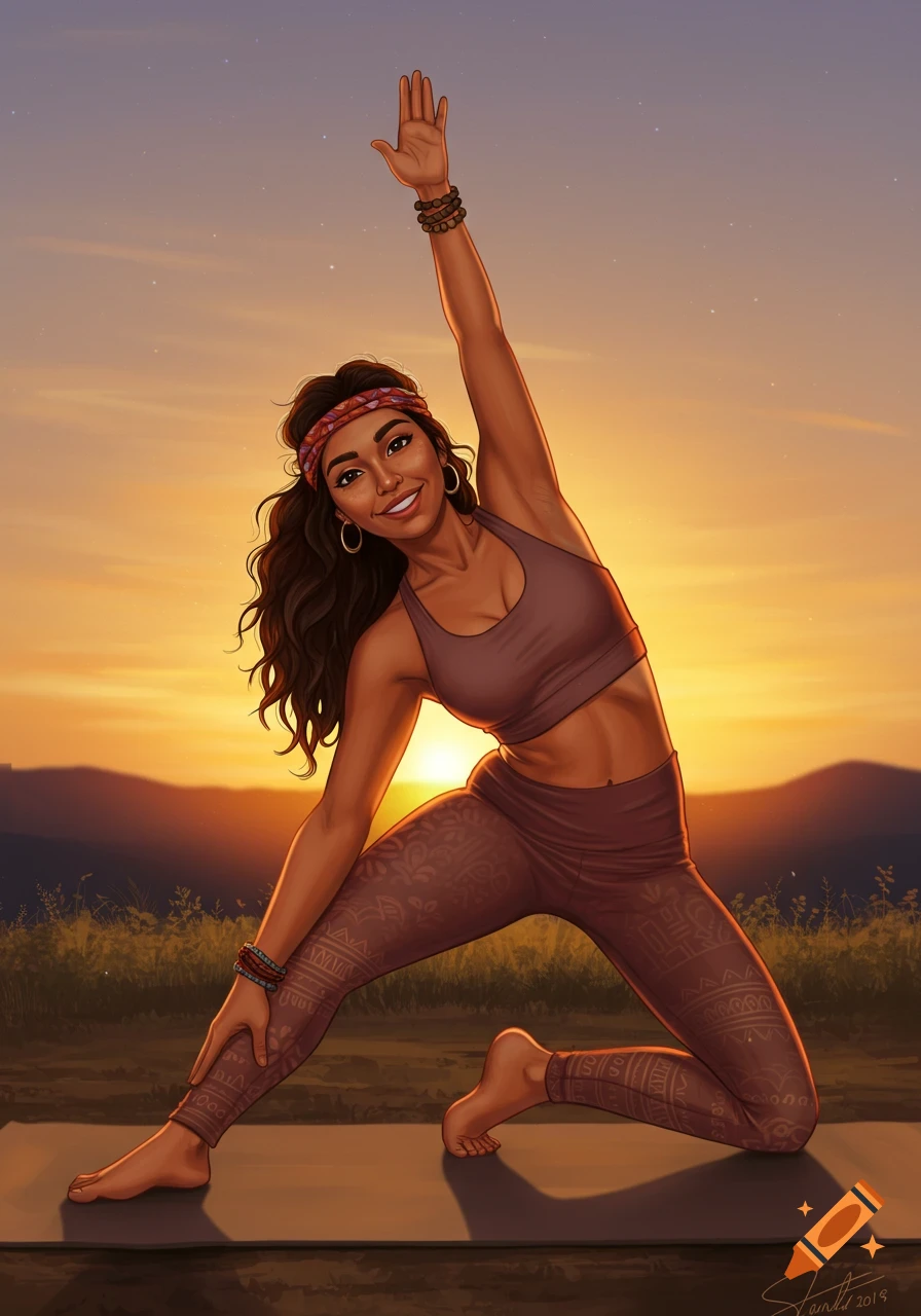 Illustrated woman in brown activewear doing a yoga pose on a mat outdoors at sunset with mountains.
