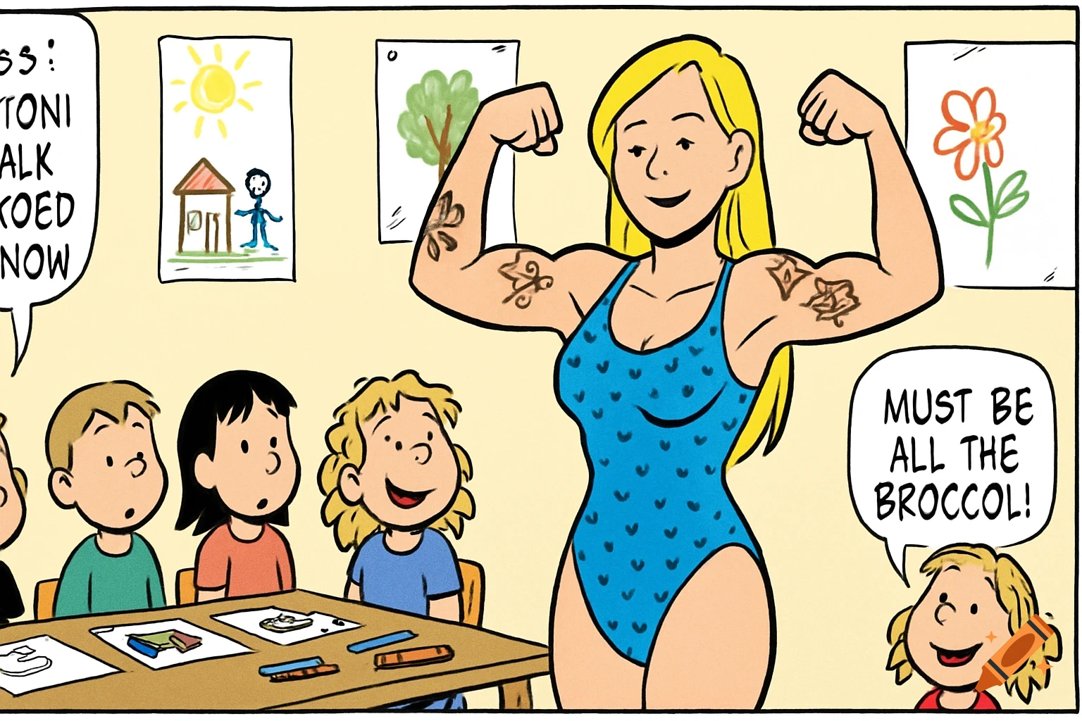 A muscular woman in a blue swimsuit flexes her biceps in a comic strip, surrounded by children in a classroom. One child remarks, "MUST BE ALL THE BROCCOLI!"
