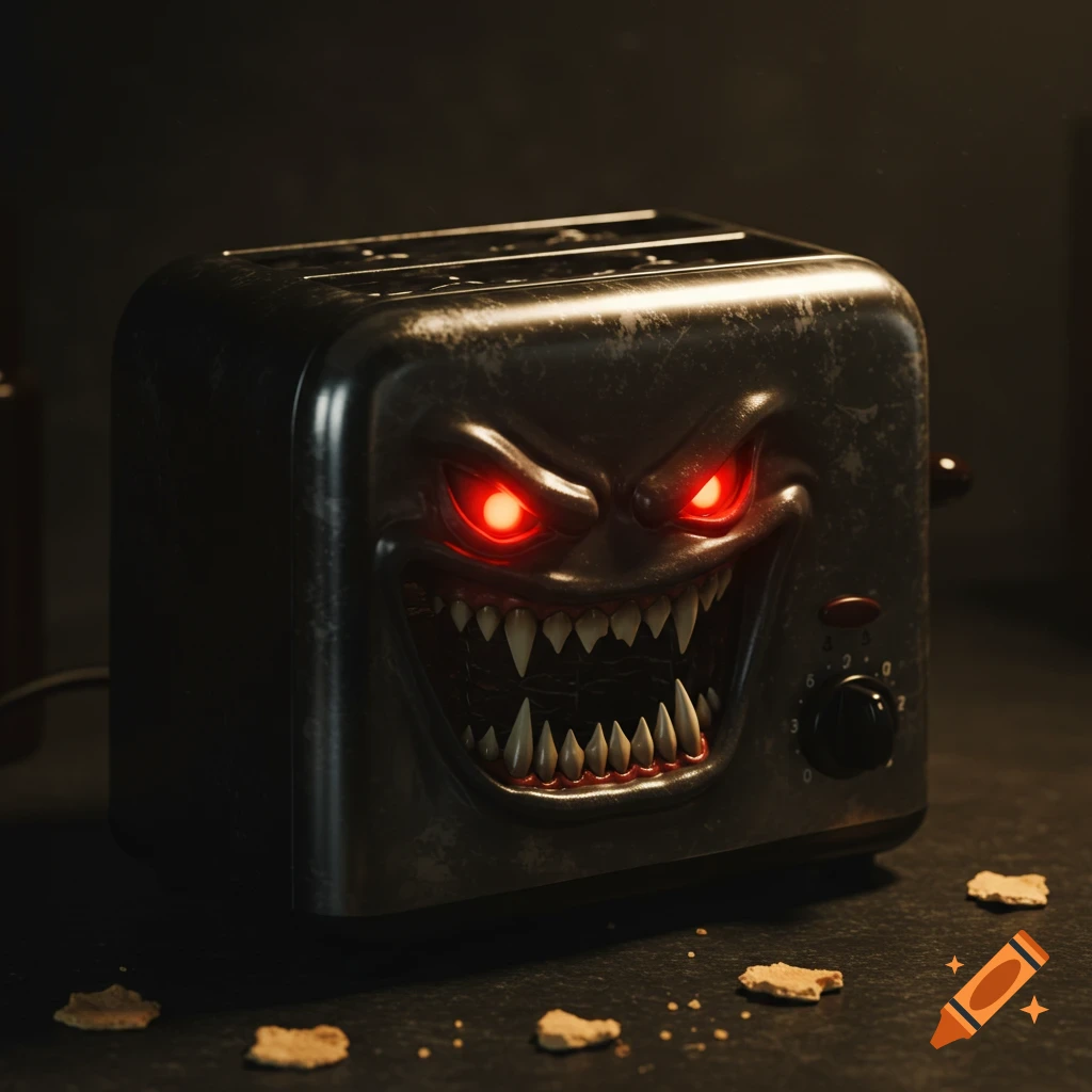 A menacing, dark metallic toaster with glowing red eyes and sharp teeth sits on a dark surface with crumbs.