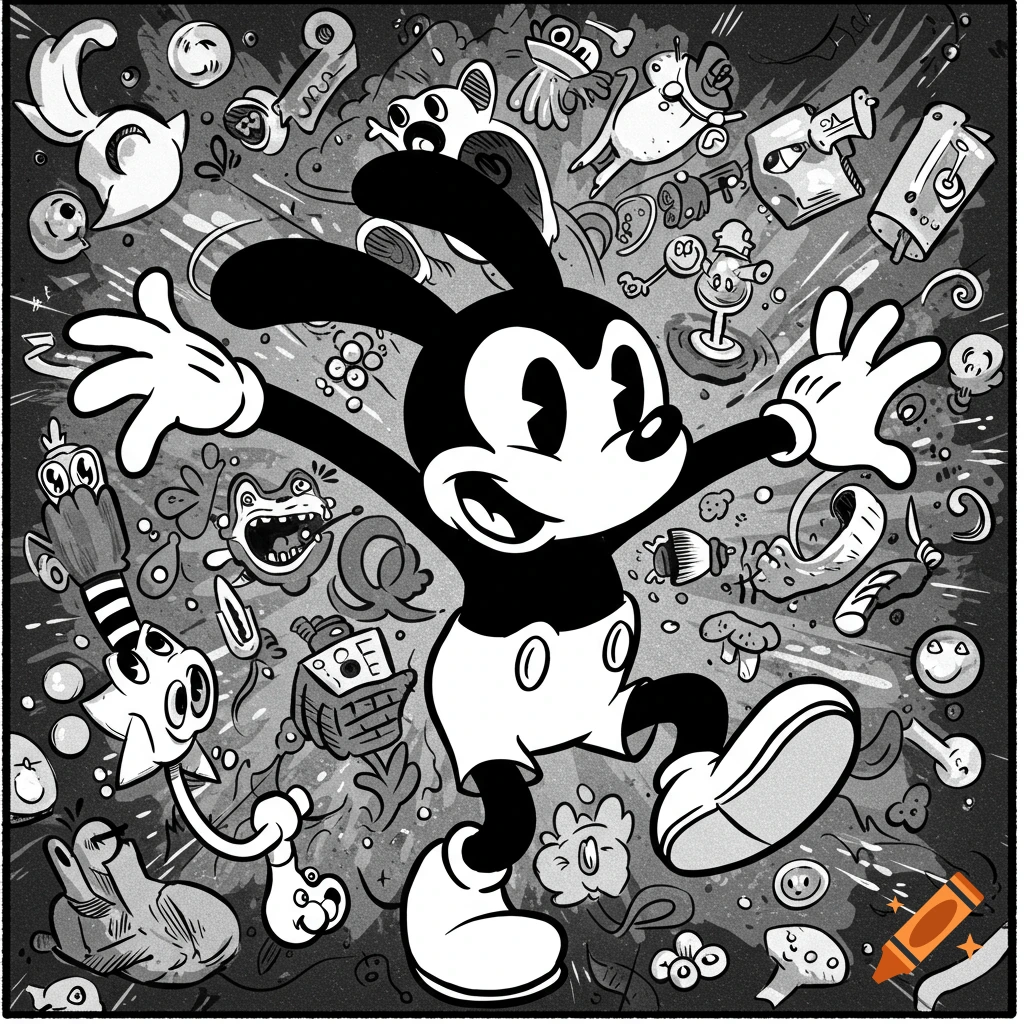 A black and white cartoon of a cheerful Oswald the Lucky Rabbit amidst swirling abstract shapes and various whimsical items.