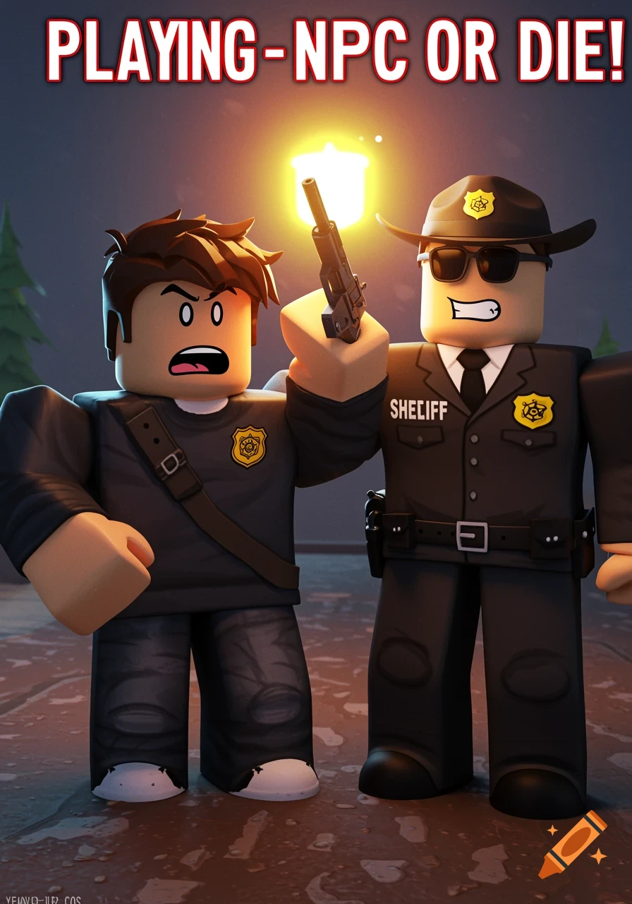 Roblox-style image of a sheriff character holding a pistol to another character, with text 'PLAYING-NPC OR DIE!' above.