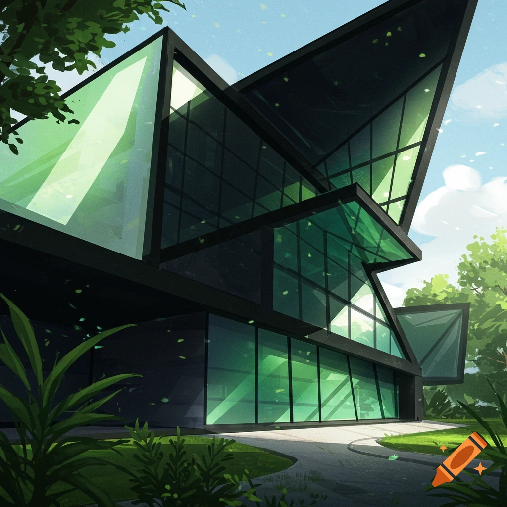 A modern, angular building with green glass panels and black frames, surrounded by lush green foliage under a bright sky.