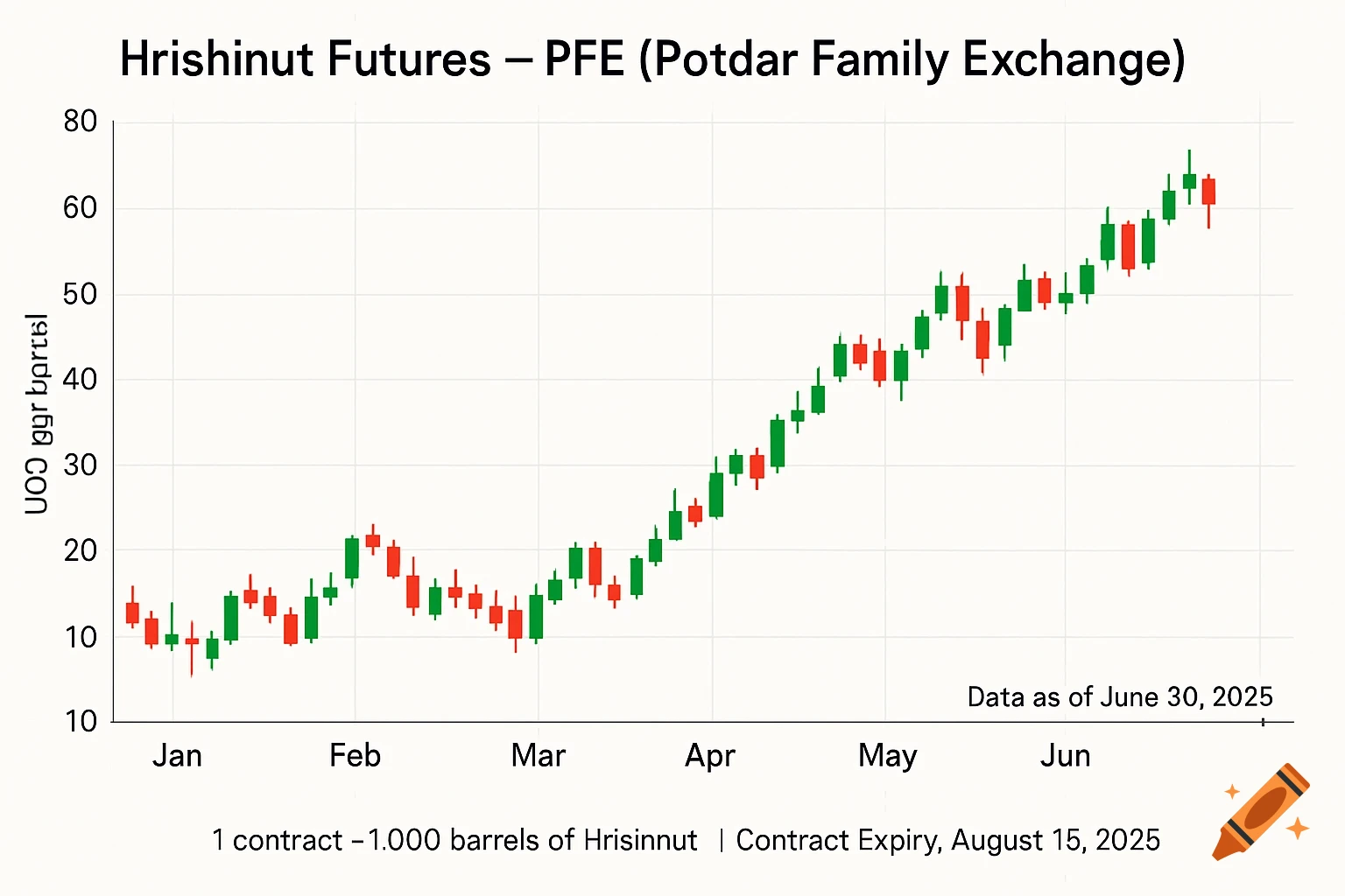A professional financial candlestick chart showing Hrishinut Futures prices from January to June 2025, titled "Hrishinut Futures - PFE (Potdar Family Exchange)".