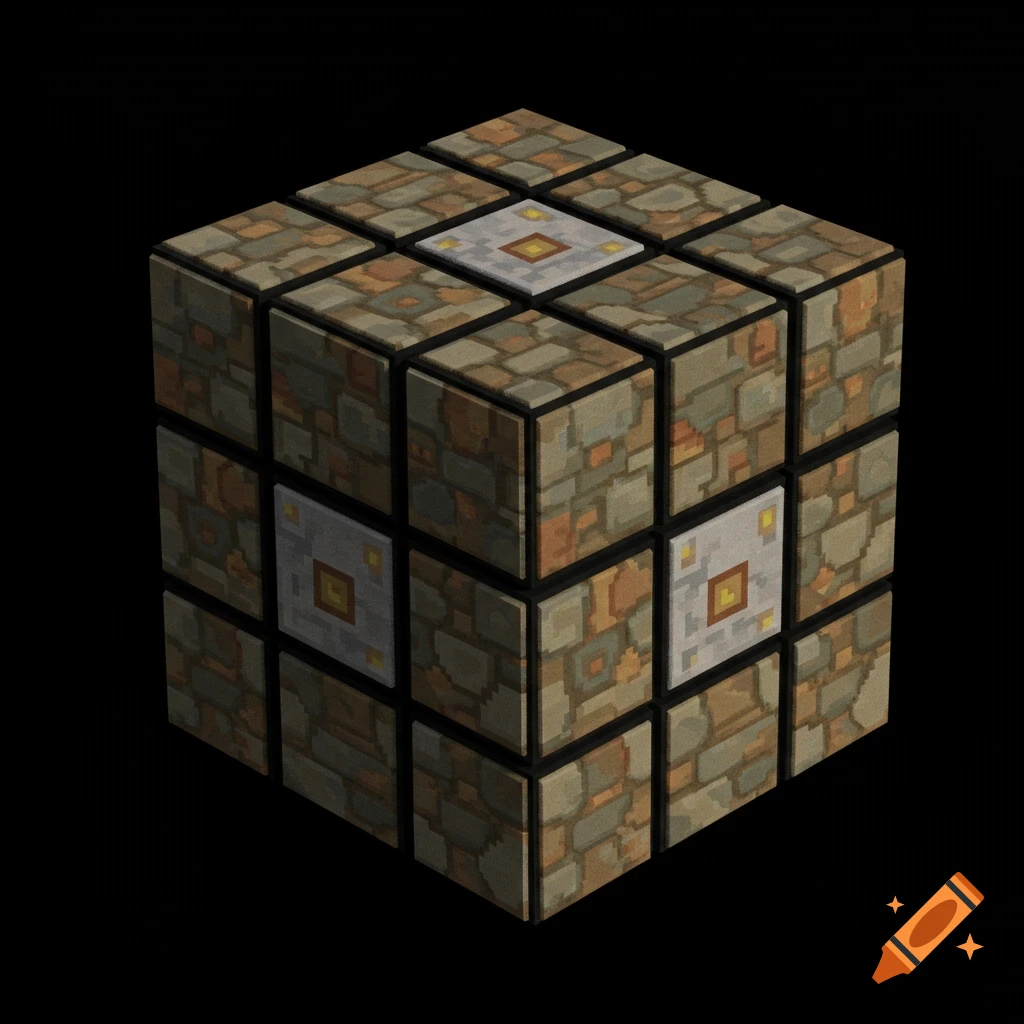 A 3D pixel art Rubik's cube textured with brown and grey stone patterns, isolated on a black background.