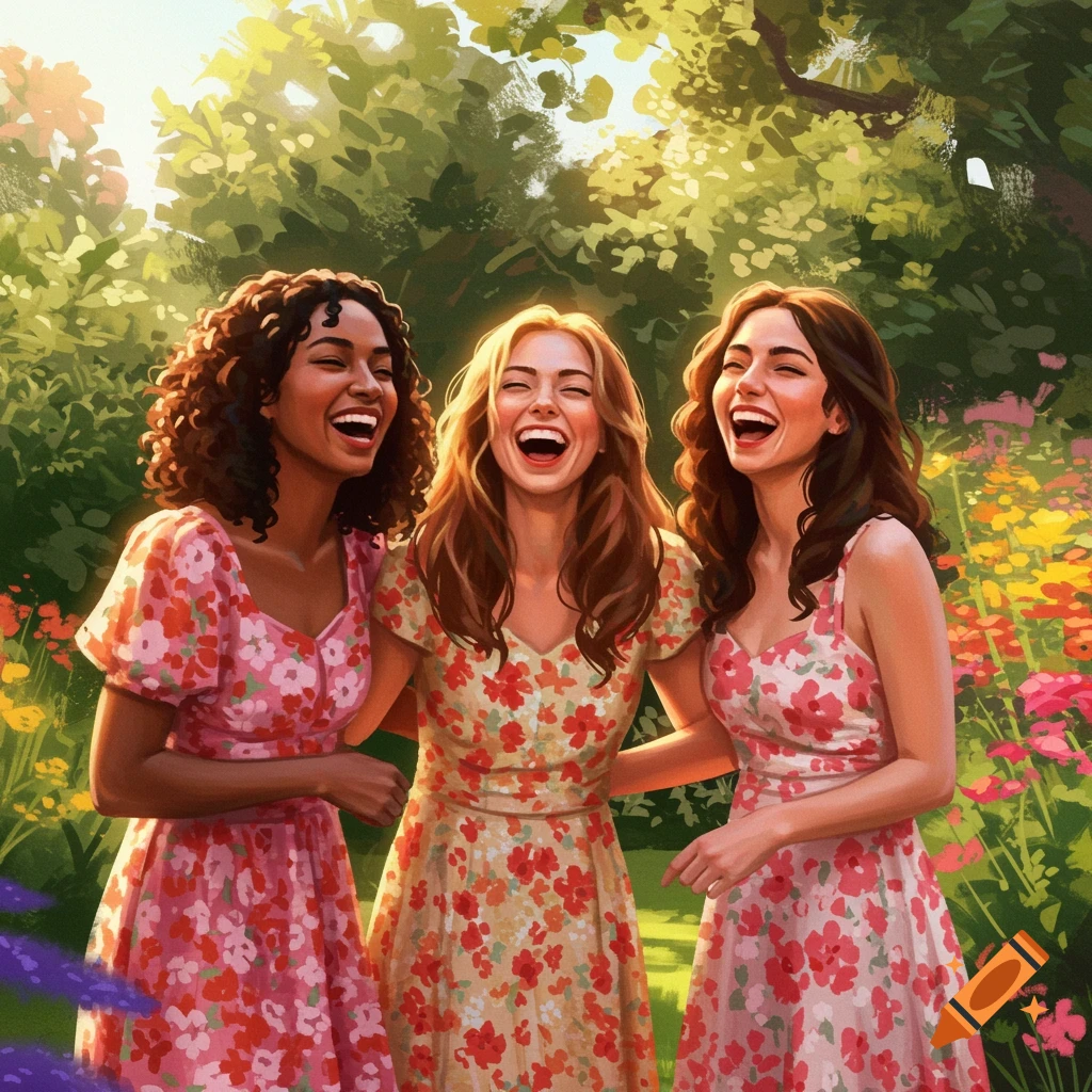 Three laughing women in floral dresses embracing in a sunlit garden, in an illustration style.