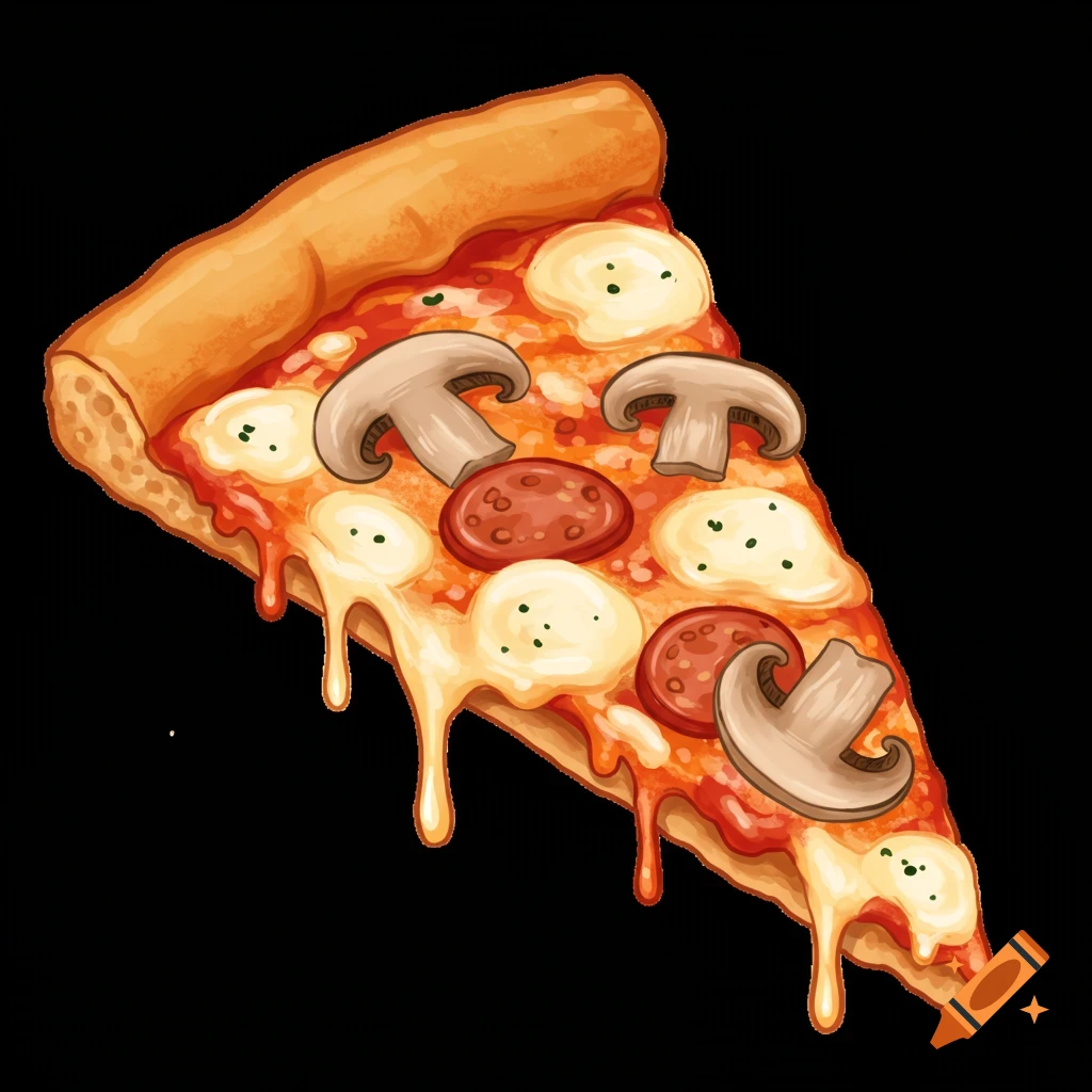 An illustrated slice of pizza with mushrooms, pepperoni, and melted mozzarella cheese dripping down, on a transparent background.