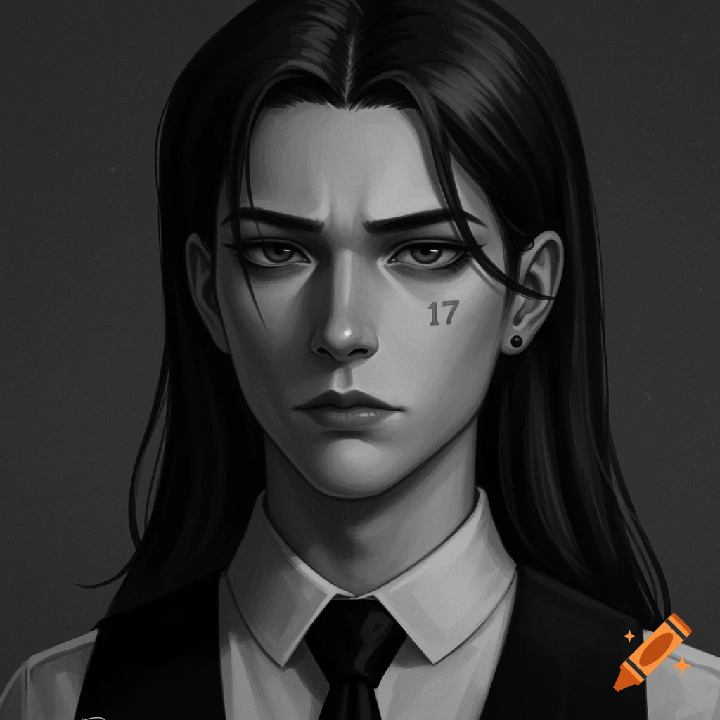 Grayscale anime-style portrait of a person with long dark hair, wearing a white shirt and black tie, with the number '17' on their cheek.