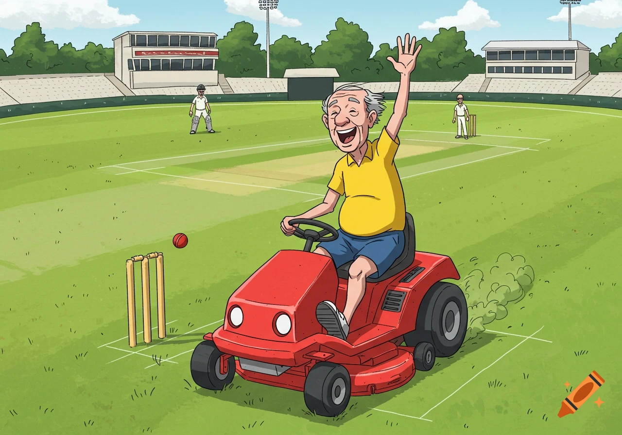 A joyful old man waves from a red ride-on lawnmower on a cricket field, with players and stadium stands in the background, in a cartoon style.