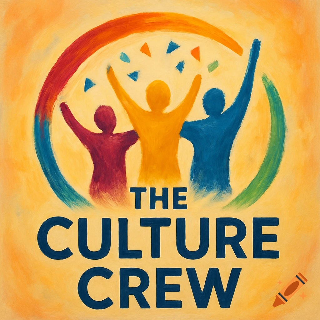 Abstract painterly logo with three colorful figures, arms raised, under a rainbow arc and confetti. Text reads 'THE CULTURE CREW'.