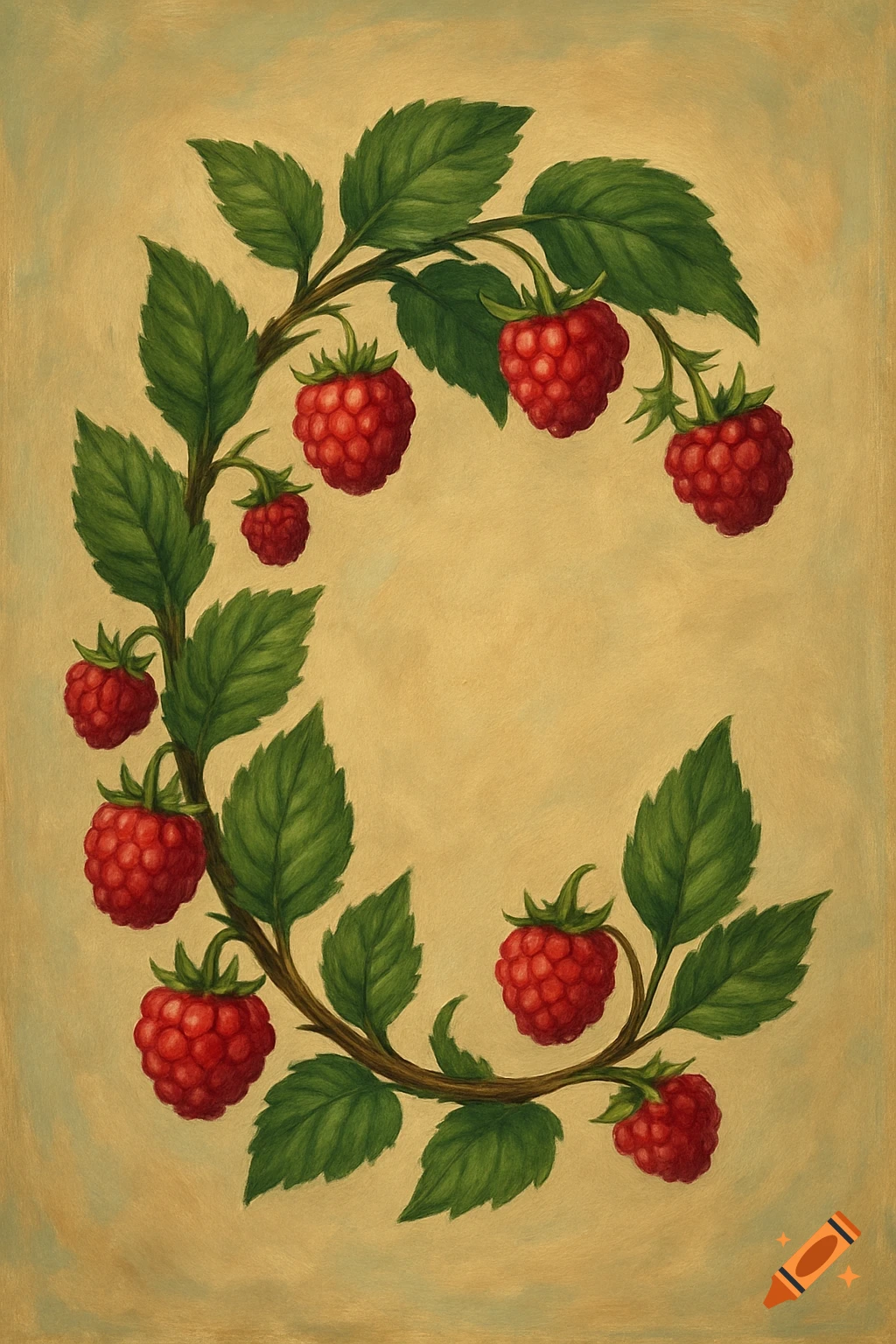 Botanical illustration of a raspberry vine with red berries and green leaves, shaped like the letter C, on a textured light brown background.