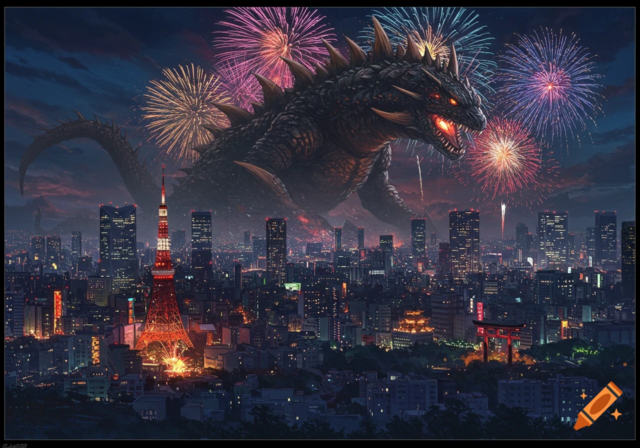 A massive kaiju stands over the Tokyo cityscape at night with colorful fireworks exploding in the sky.