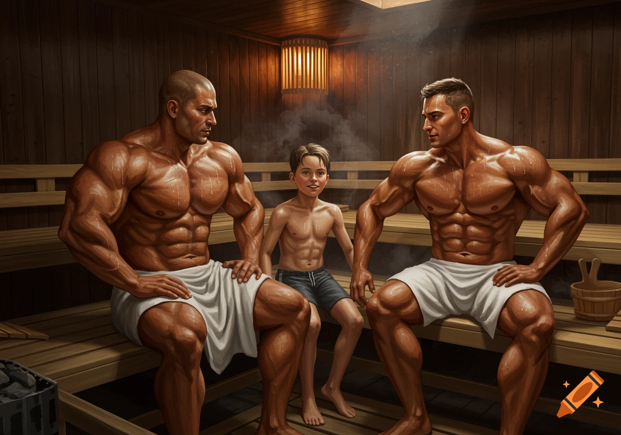 Two muscular men and a boy sit on wooden benches in a steamy sauna, an illustration.