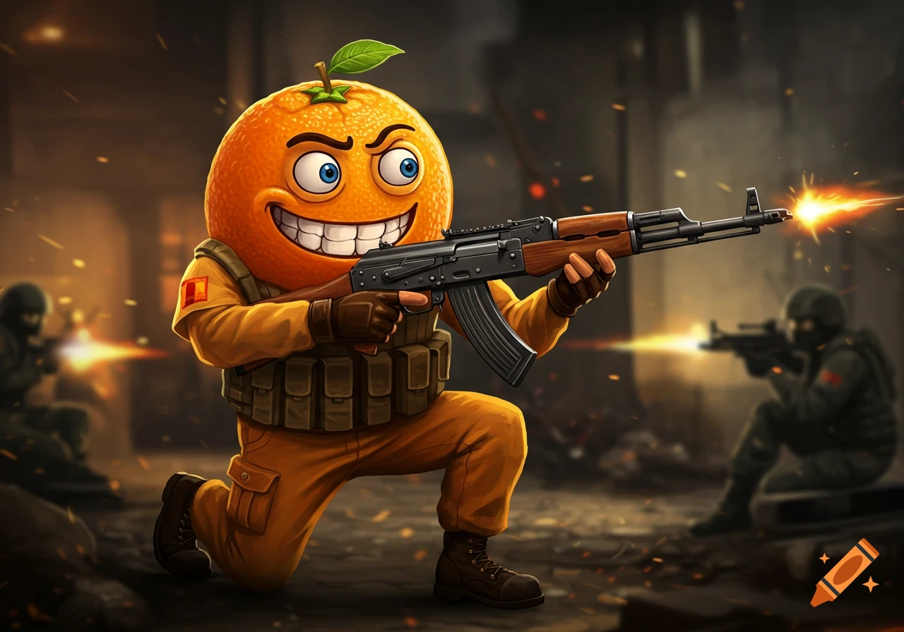 Cartoon Annoying Orange character in military gear, kneeling and firing an assault rifle in a battlefield.