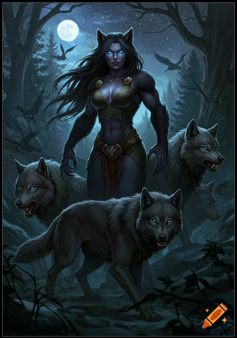 A powerful female werewolf with glowing blue eyes stands with a pack of wolves in a dark, moonlit forest, detailed fantasy art.
