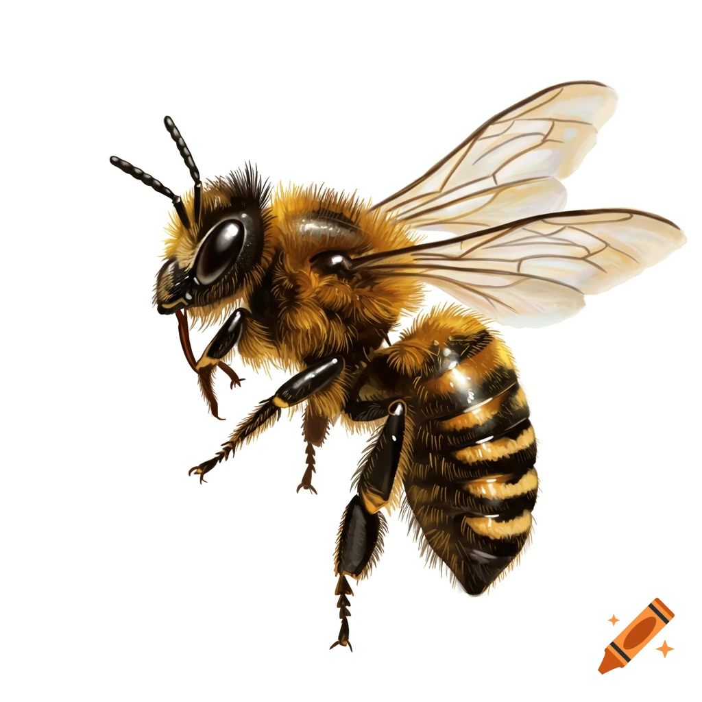A detailed, realistic illustration of a bee with a furry body and transparent wings, set against a plain white background.