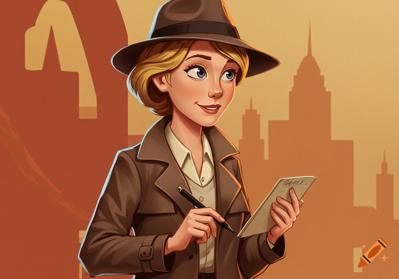 A cartoon woman detective in a fedora and trench coat holds a notepad, with a city skyline in the background in Pixar style.