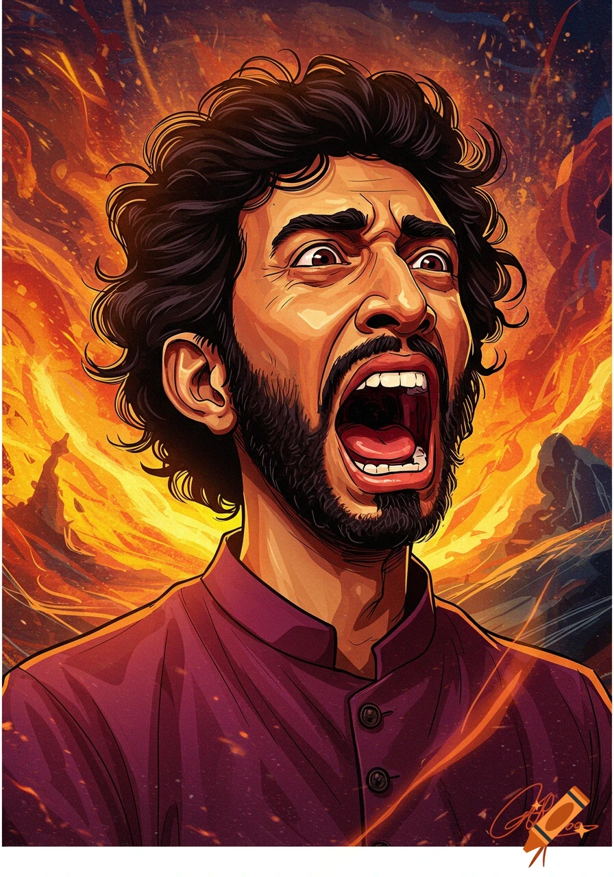 Stylized illustration of an Indian man screaming with a fiery, chaotic background.