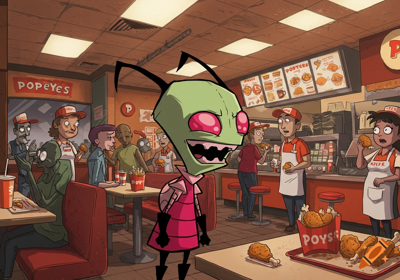 Invader Zim, a green alien, stands in a cartoon Popeyes fast-food restaurant with human and alien customers and staff, surrounded by fried chicken.