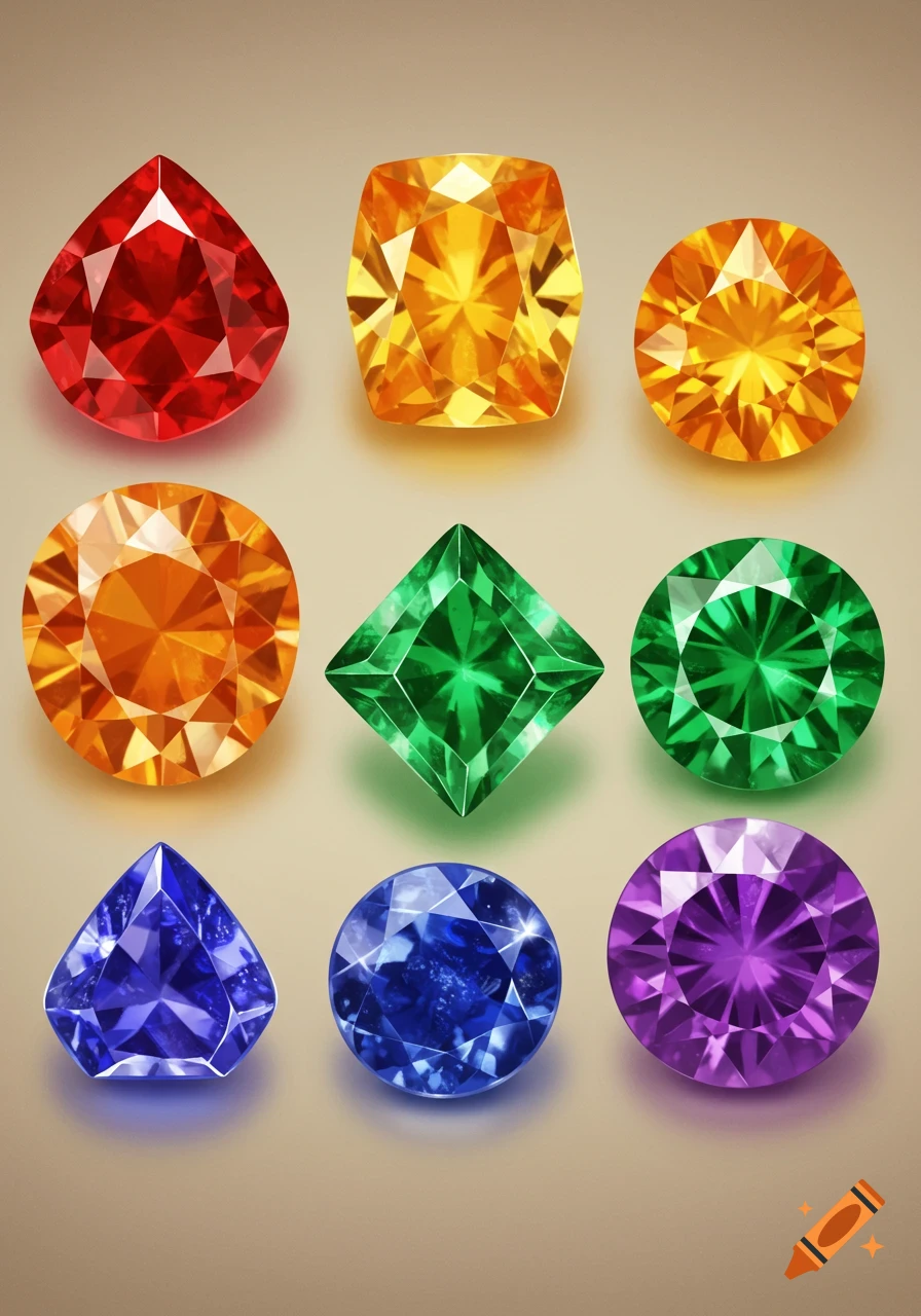 A grid of nine faceted gemstones in various colors including red, orange, yellow, green, blue, and purple.
