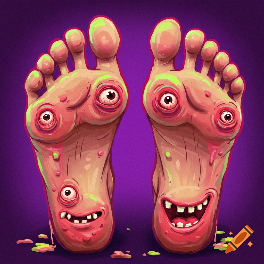 Two cartoonish, grotesque feet with multiple bloodshot eyes, jagged teeth, and green ooze, on a purple background.