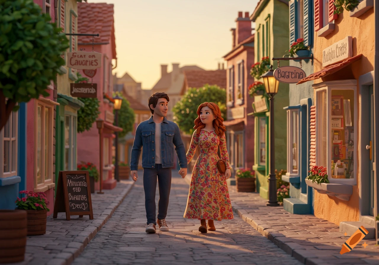 A claymation couple walks hand-in-hand down a colorful, cobblestone street lined with shops at dawn.