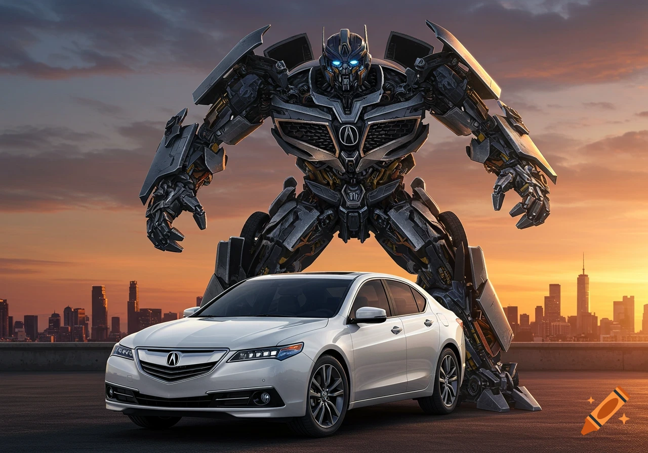 A white Acura TLX sedan parked on a rooftop with a city skyline at sunset, overshadowed by a large, dark gray transformer robot with glowing blue eyes.