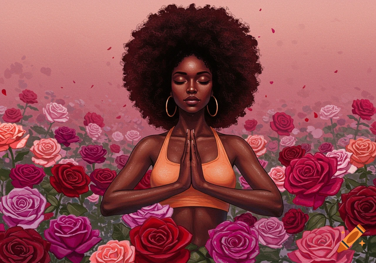 An illustration of a Black woman with an Afro performing a namaste pose in a field of colorful roses.
