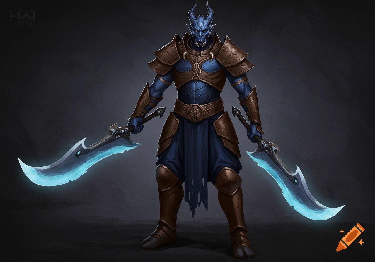 A blue-skinned, horned fantasy warrior in brown and blue armor holds two glowing blue swords.