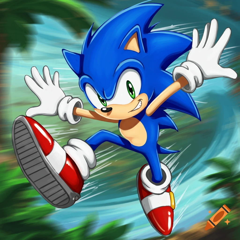 Sonic the Hedgehog running at high speed through a stylized green and blue environment.