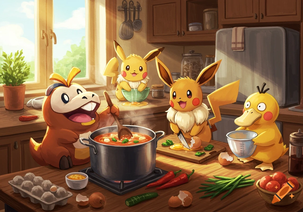 Fuecoco, Eevee, Pikachu, and Psyduck cook soup together in a cozy, sunlit kitchen in an anime style.