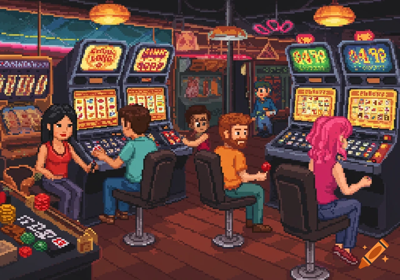 Pixel art illustration of people playing slot machines in a dimly lit casino.