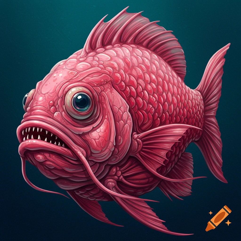 A grotesque pinkish-red fish with large eyes and sharp teeth, against a dark blue background.