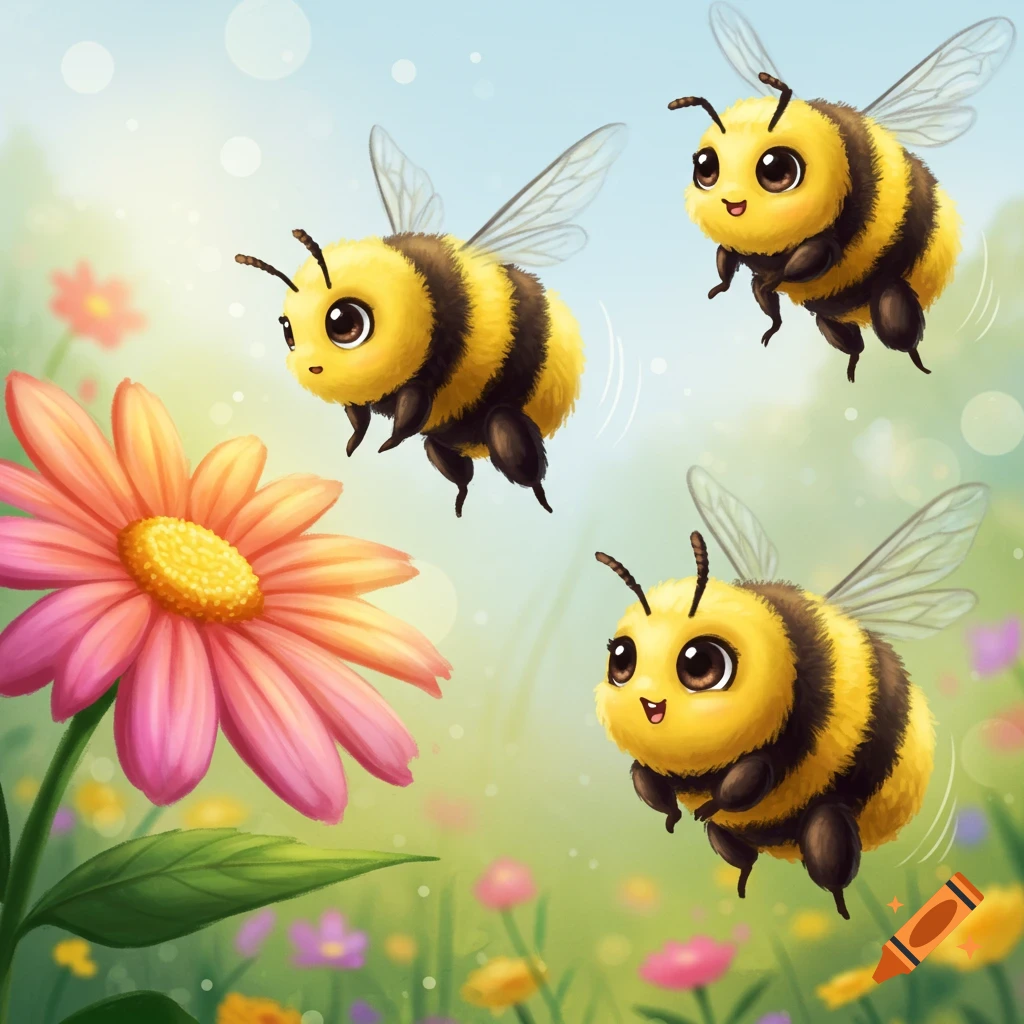 Three cute cartoon bumblebees fly near a vibrant pink and orange flower in a sunny field of wildflowers.