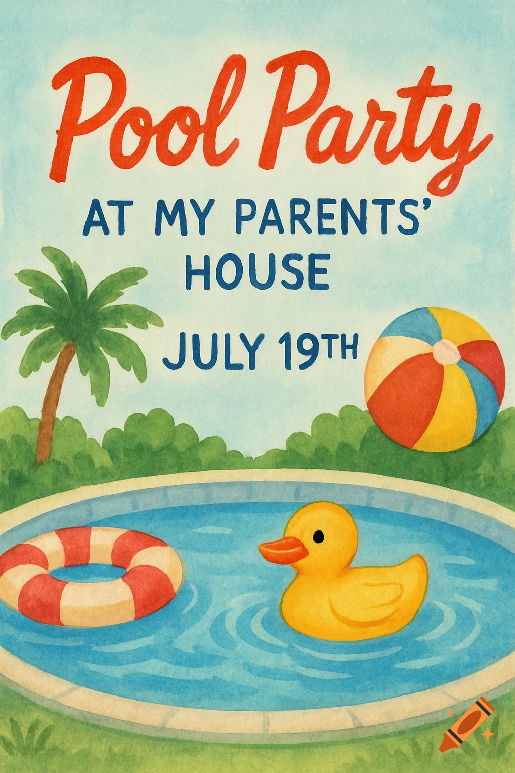 A whimsical watercolor pool party invitation featuring a swimming pool with a rubber duck and a life preserver. A palm tree and a beach ball are also present. Text reads: "Pool Party AT MY PARENTS' HOUSE JULY 19TH".