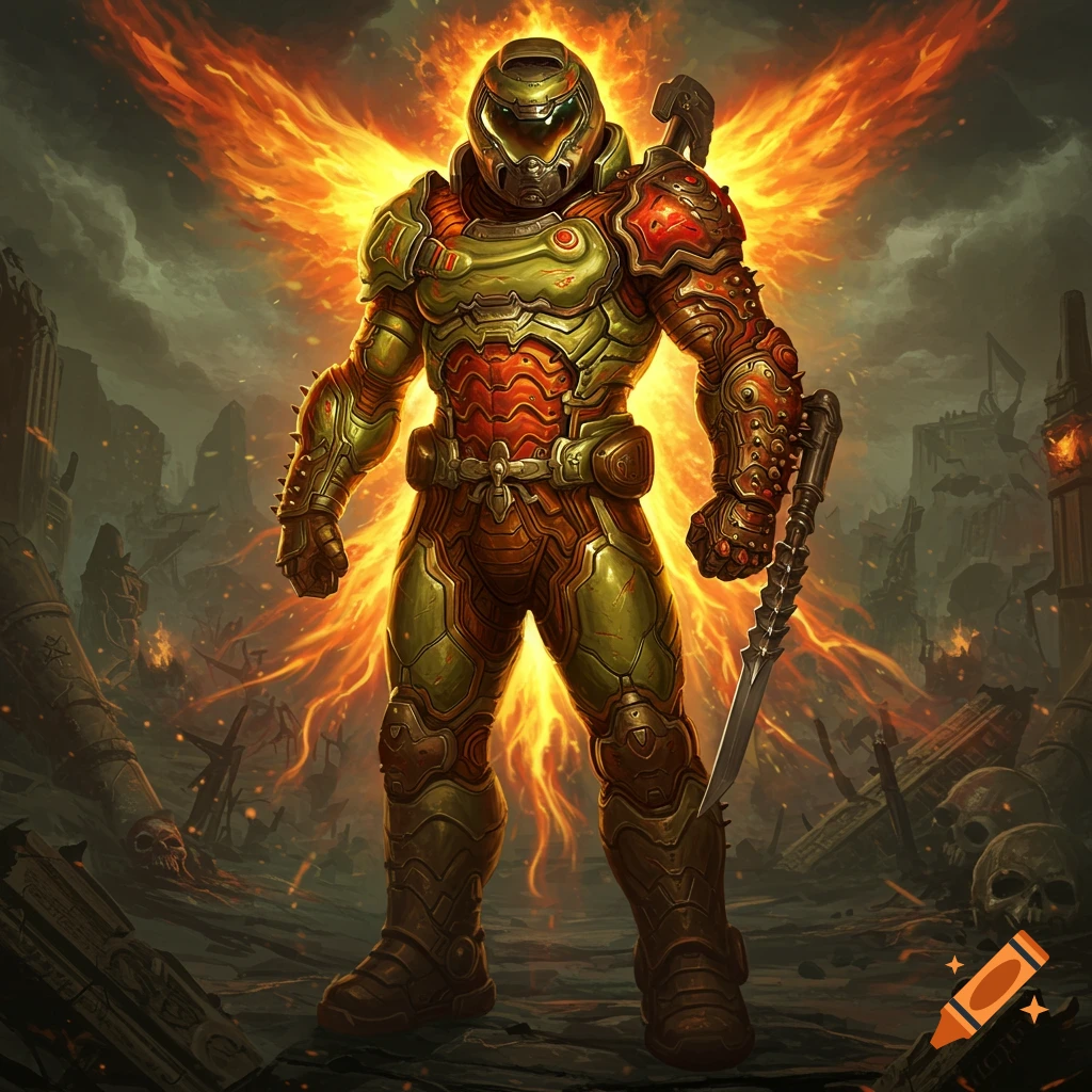 Heavily armored warrior, resembling the Doomslayer, stands amidst a fiery apocalypse, enveloped in burning, wing-like energy. Digital art.