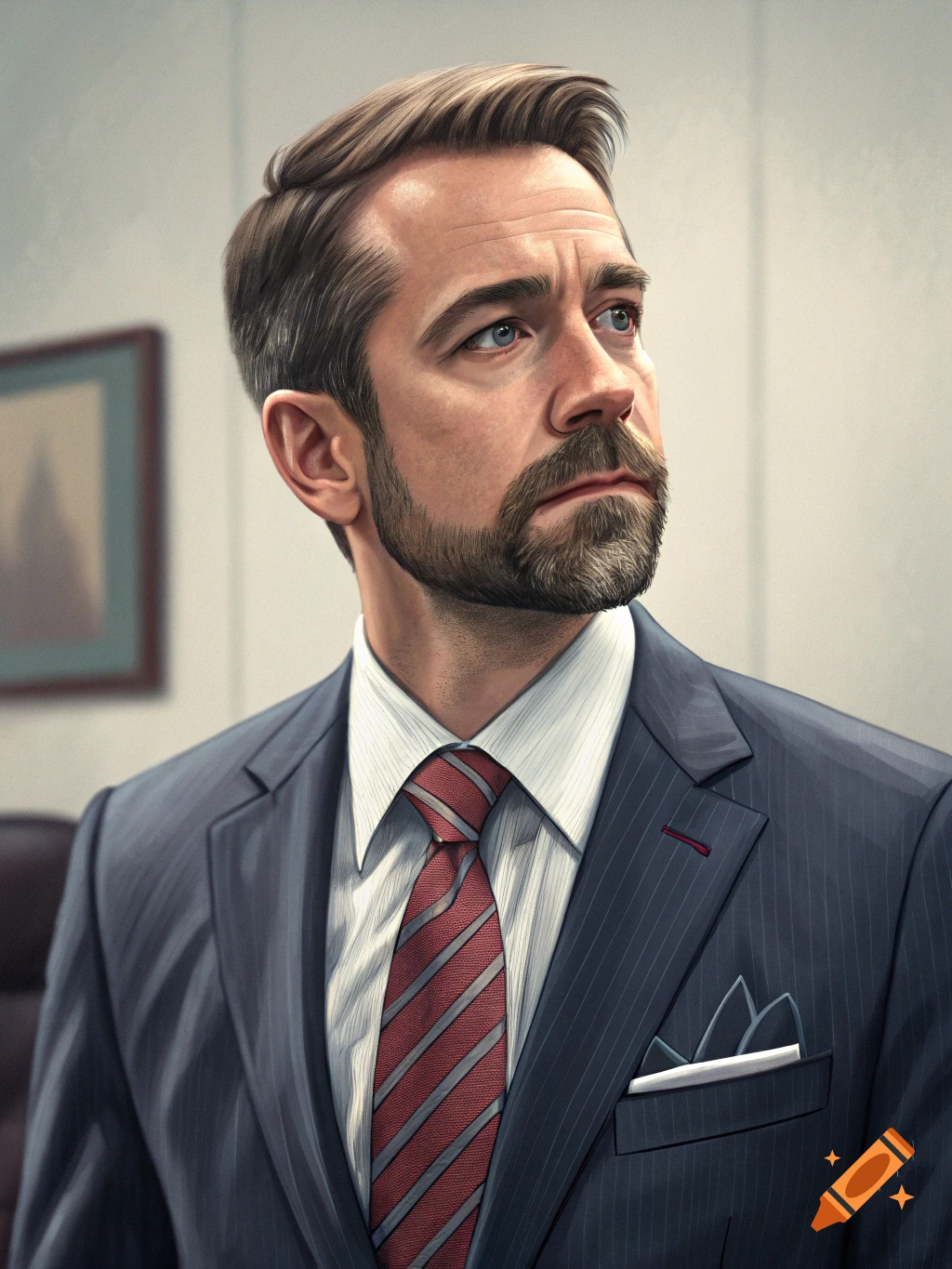 A digital painting of a serious bearded man in a dark pinstripe suit and red striped tie, looking upwards.