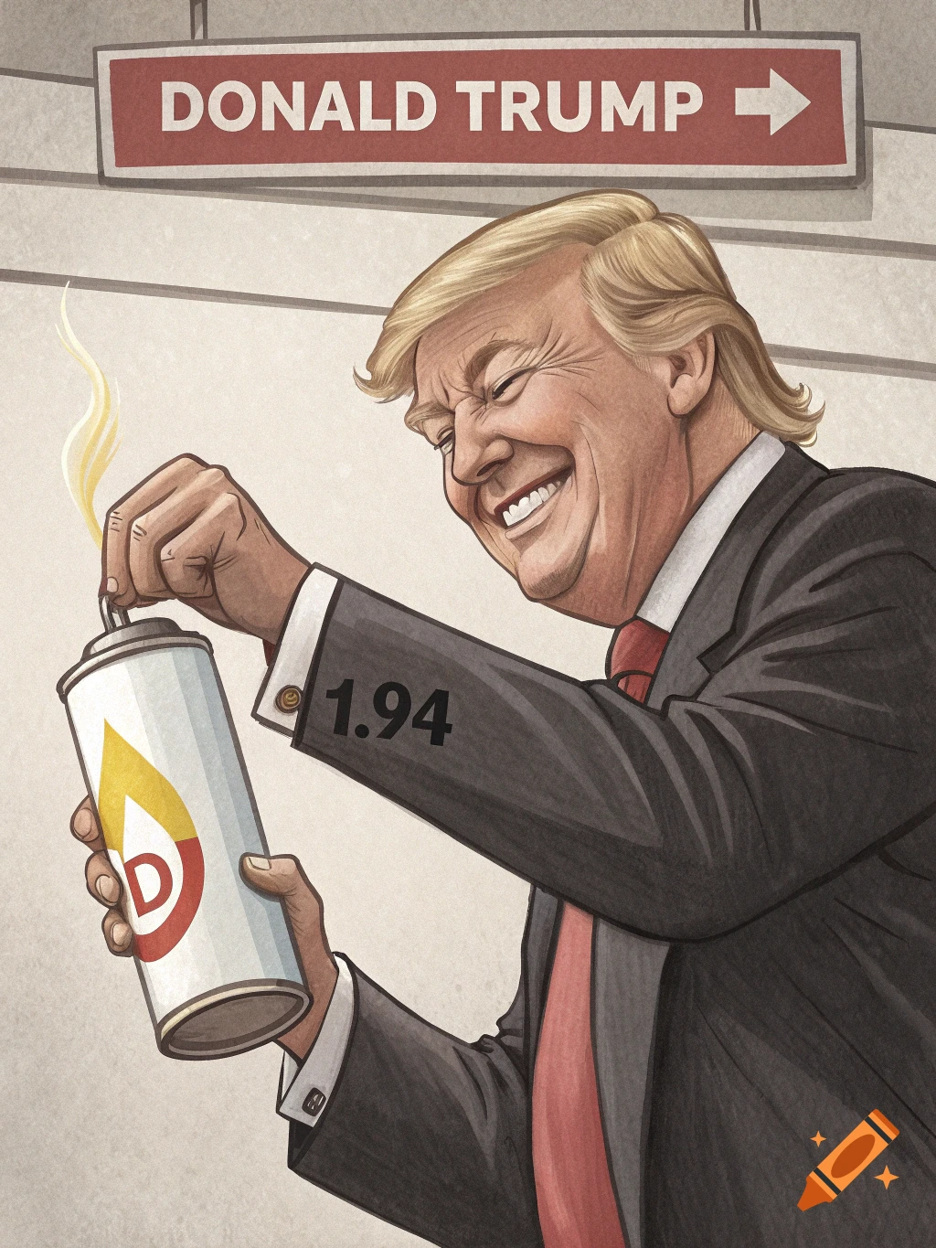 Caricature of Donald Trump smiling, holding a burning spray can, with '1.94' on his sleeve and a sign reading 'DONALD TRUMP' above.