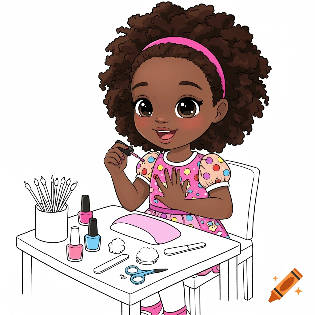 A happy cartoon Black girl with curly hair painting her nails at a table with manicure supplies.