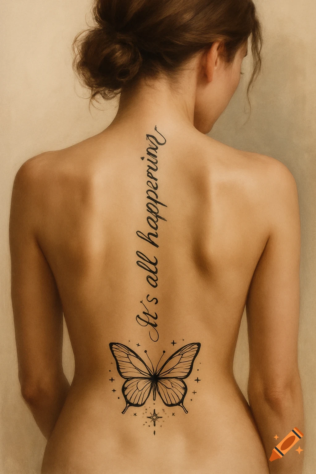 A woman's bare back with a tattoo down her spine reading 'It's all happening' and a butterfly design at her lower back.