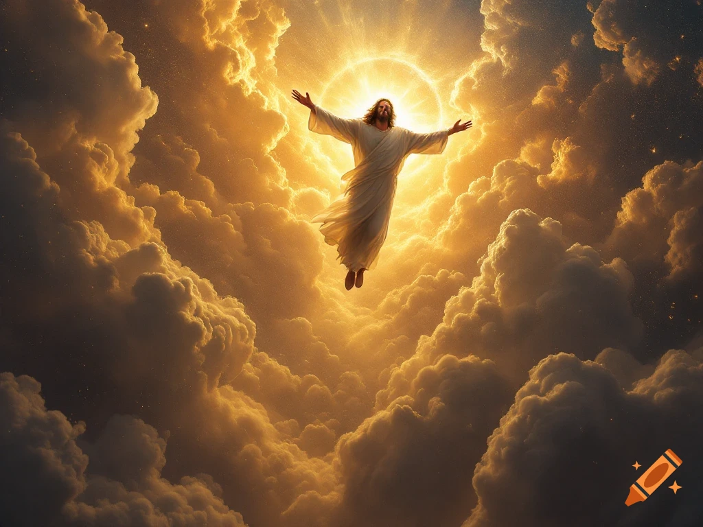 Jesus ascending through golden, radiant clouds into a bright sky, arms outstretched.