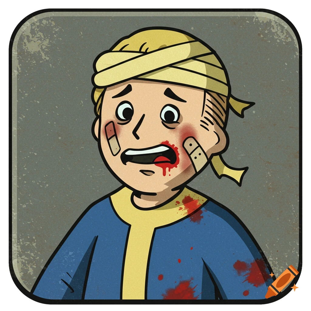 A cartoon character, Vault Boy from Fallout, distressed with head bandages, face band-aids, and blood splatter on his face and shirt.