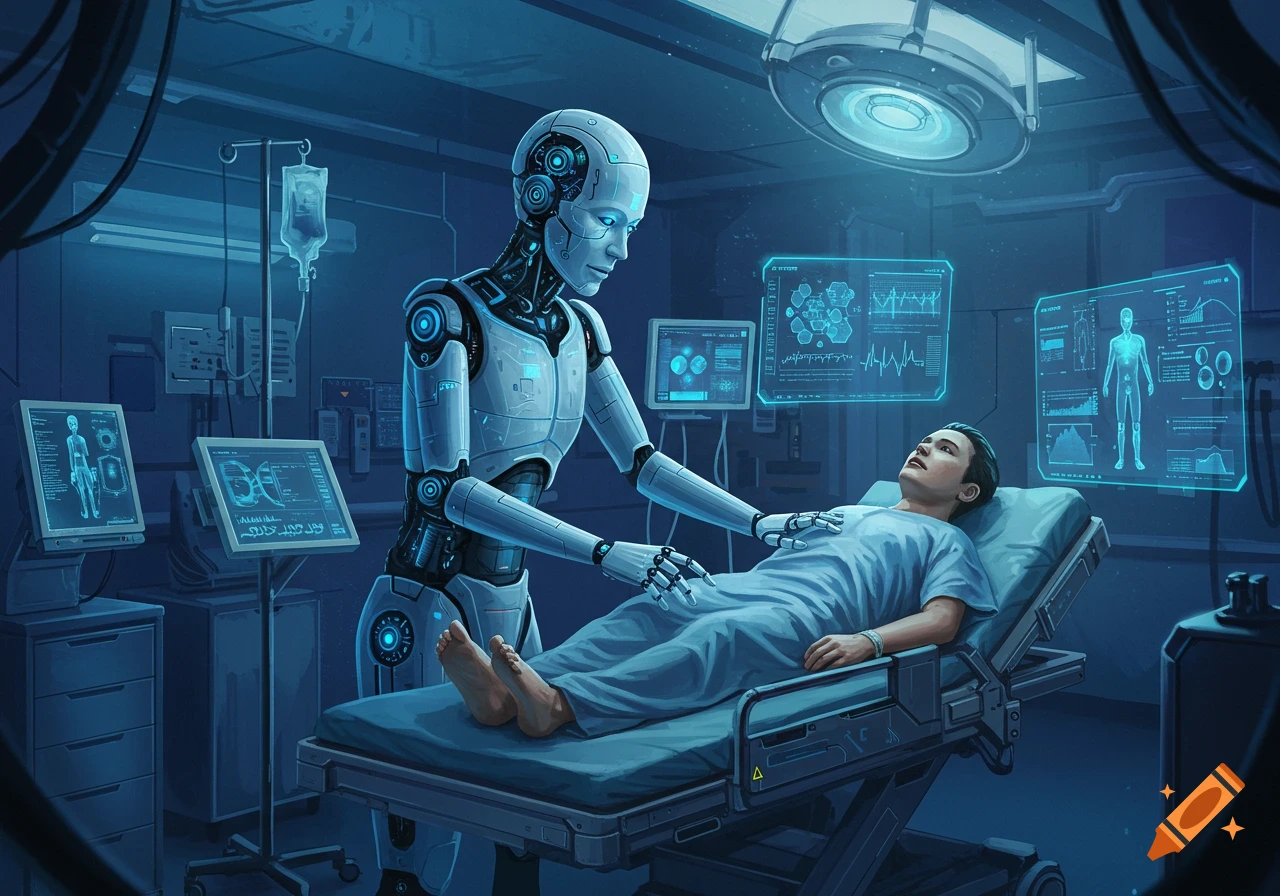 A humanoid robot tends to a patient lying on a bed in a futuristic, blue-lit medical room with holographic screens displaying data.