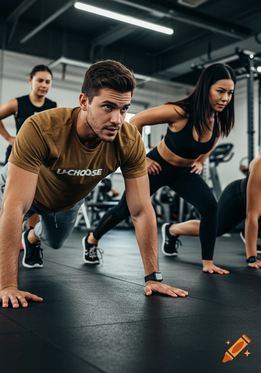 A man and two women exercising in a modern gym, with the man in a plank position.