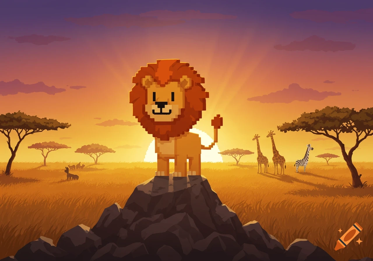 A pixelated cartoon lion stands proudly on a rock in an African savanna at sunset with giraffes and a zebra in the background.